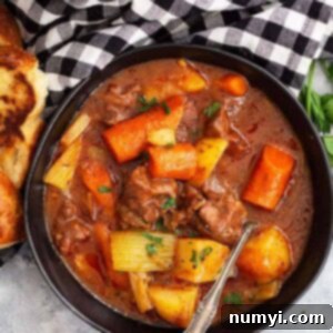 This Hearty Beef Stew is comfort food to the max! It's and easy beef stew recipe that's filled with fall apart tender beef in a wonderful hearty sauce. #beef #beefstew #easyrecipe #slowcooker