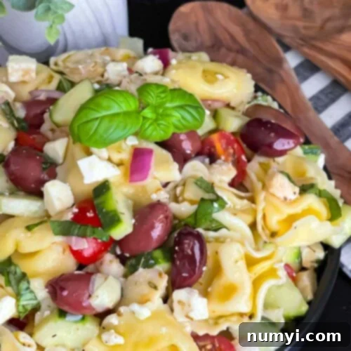Vibrant Greek Tortellini Pasta Salad 9 A dark bowl brimming with a vibrant Greek Tortellini Pasta Salad, showcasing the colorful ingredients.