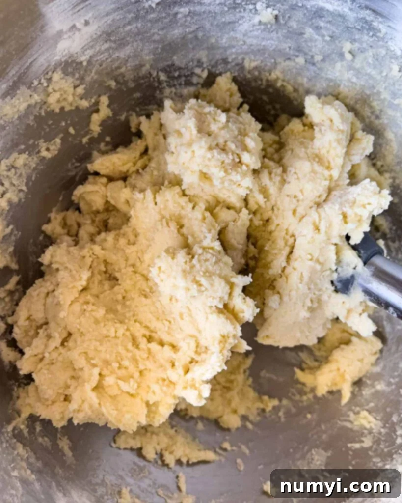 Soft frosted sugar cookie dough in a metal mixing bowl.