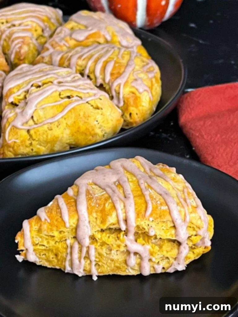 Pumpkin scones a dark plate on a dark surface.