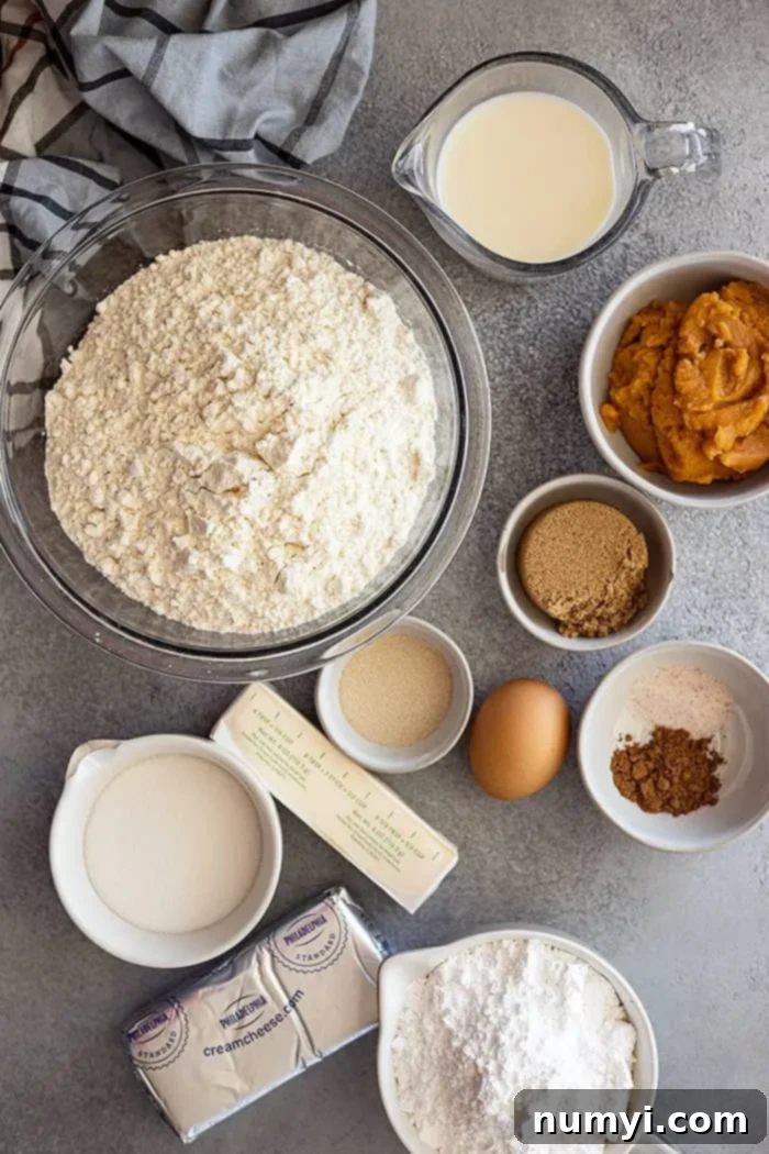 Overhead view of all the high-quality ingredients laid out on a kitchen counter, ready for making delicious pumpkin twists.