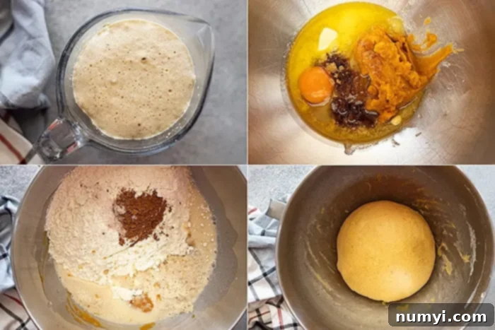 A collage of four images demonstrating the process of making the pumpkin dough, from mixing to initial rise.