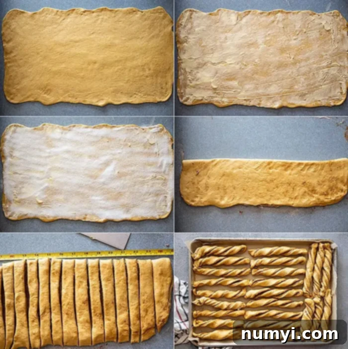 A collage of six images showing how to roll the dough, apply the filling, cut into strips, and shape into perfect twists.