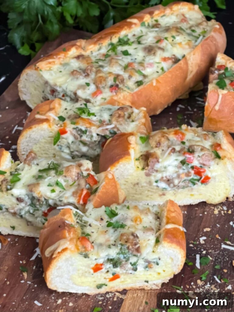 Loaded Sausage and Egg Baguette 15 Sausage and Egg Baguette Bake cooling on a cutting board after baking.