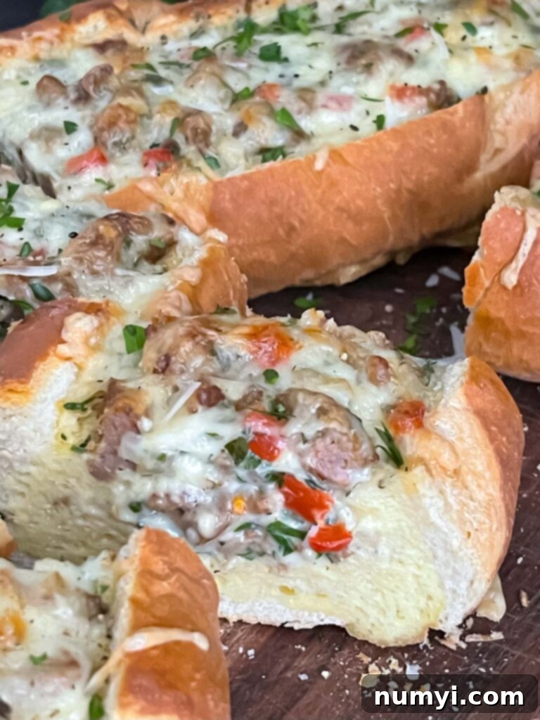 Loaded Sausage and Egg Baguette 16 Slices of Sausage and Egg Baguette Bake arranged on a cutting board, ready to serve.