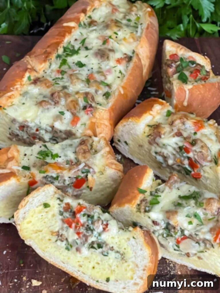 Loaded Sausage and Egg Baguette 17 Close-up of a slice of Sausage and Egg Baguette Bake, showing the fluffy egg, sausage, and melted cheese inside.