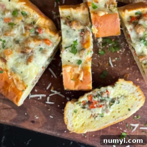 Loaded Sausage and Egg Baguette 18 Sausage and Egg Baguette Bake cut up on a cutting board.