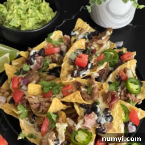 Smoky Pork Nacho Mountain 12 Pulled pork nachos with red onion, tomato, and jalapeno.