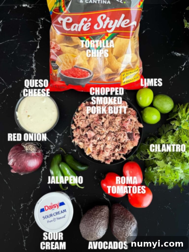 Smoky Pork Nacho Mountain 3 Ingredients for pulled pork nachos.