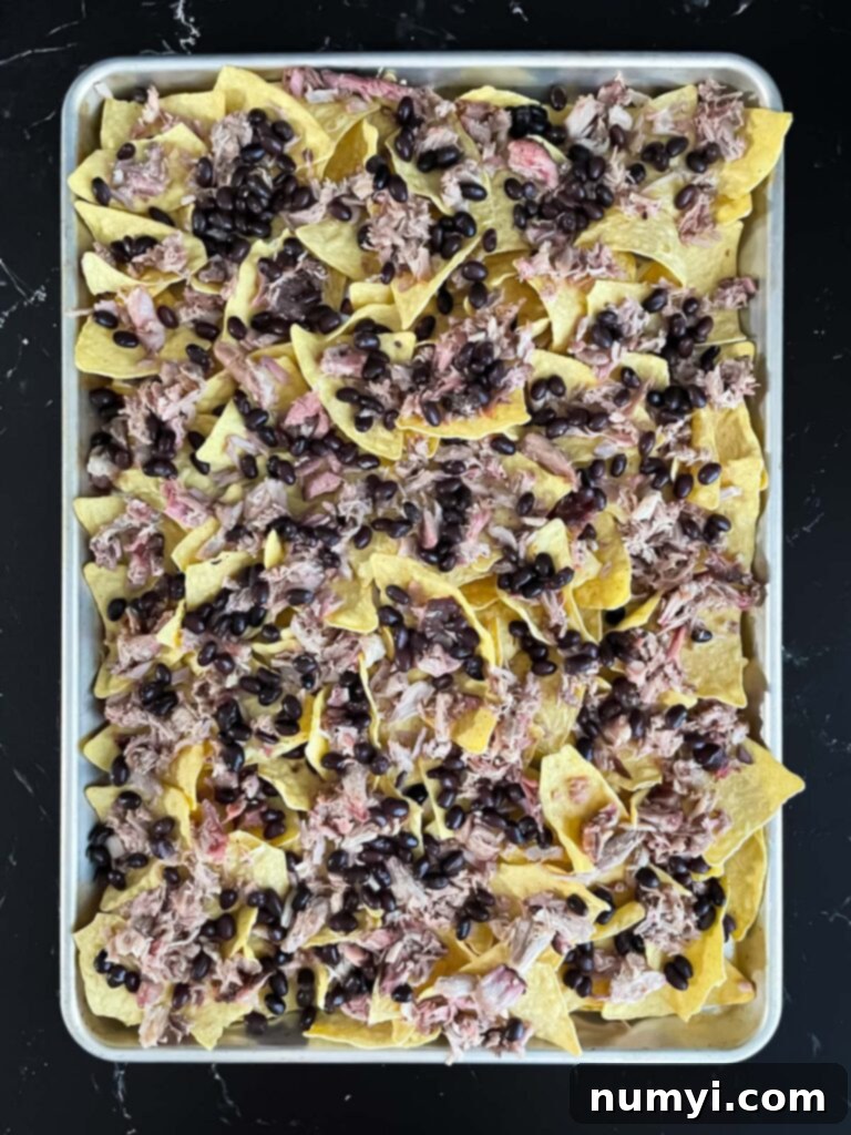 Smoky Pork Nacho Mountain 7 Tortilla chips topped with smoked pork and black beans.