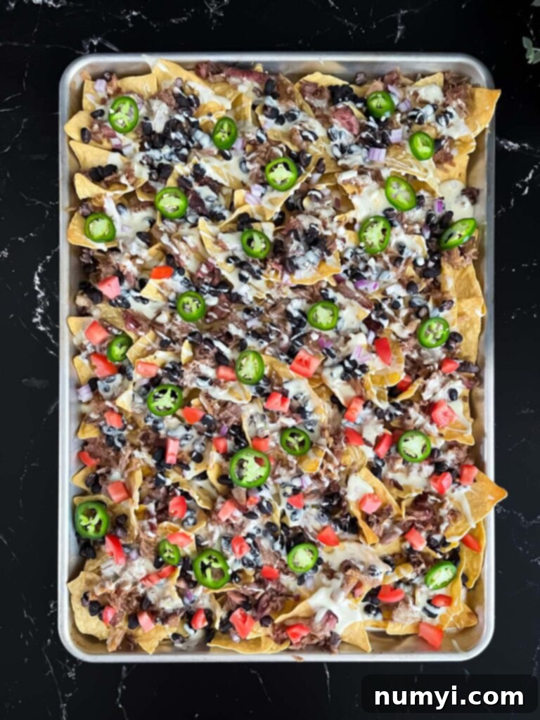 Smoky Pork Nacho Mountain 8 A tray of pulled pork nachos.