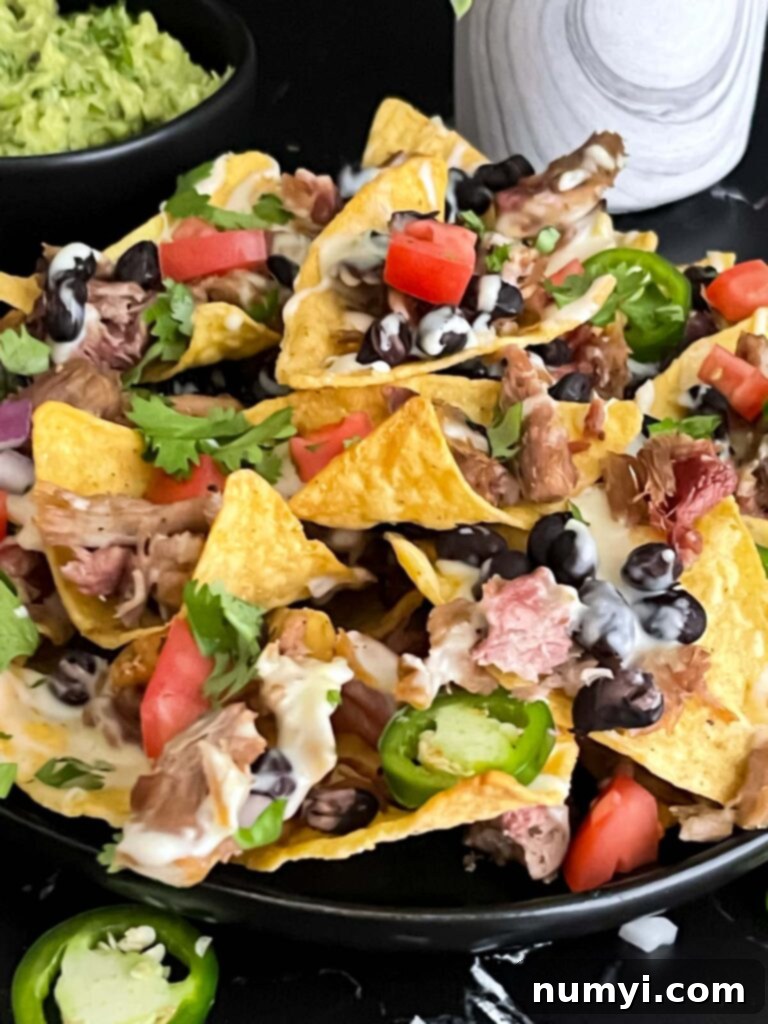 Smoky Pork Nacho Mountain 10 Pulled pork nachos with red onion, tomato, and jalapeno.