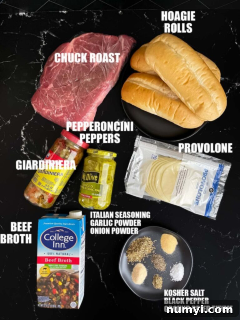 Melt-in-Your-Mouth Slow Cooker Italian Beef Sandwiches 3 Slow cooker Italian beef sandwiches recipe ingredients laid out on a dark surface, including a chuck roast, various spices, pepperoncini, and giardiniera.