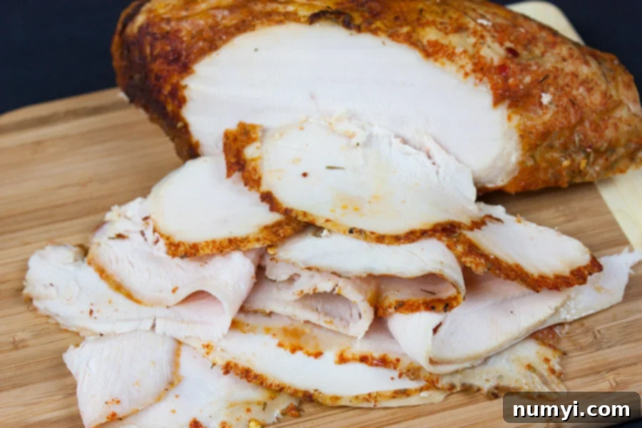 Homemade cajun turkey deli meat sliced on a wooden cutting board.