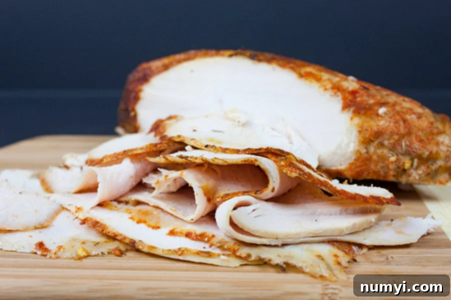 Homemade Cajun Turkey Deli Meat sliced thin on a wooden cutting board