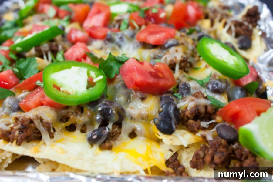Close up of cheesy beef nachos in the pan, ready to serve