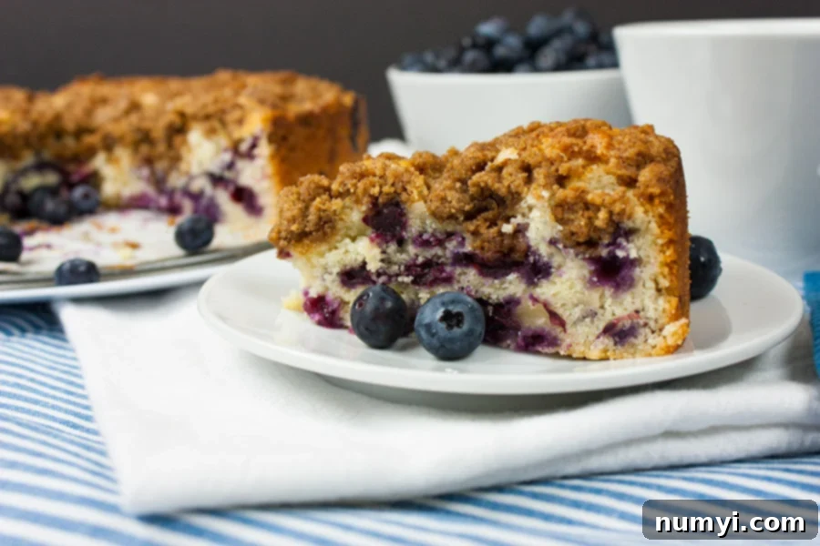 Golden Streusel Blueberry Coffee Cake 2 A glorious slice of Blueberry Streusel Coffee Cake on a white platter, accompanied by a steaming coffee cup, ready to be enjoyed.