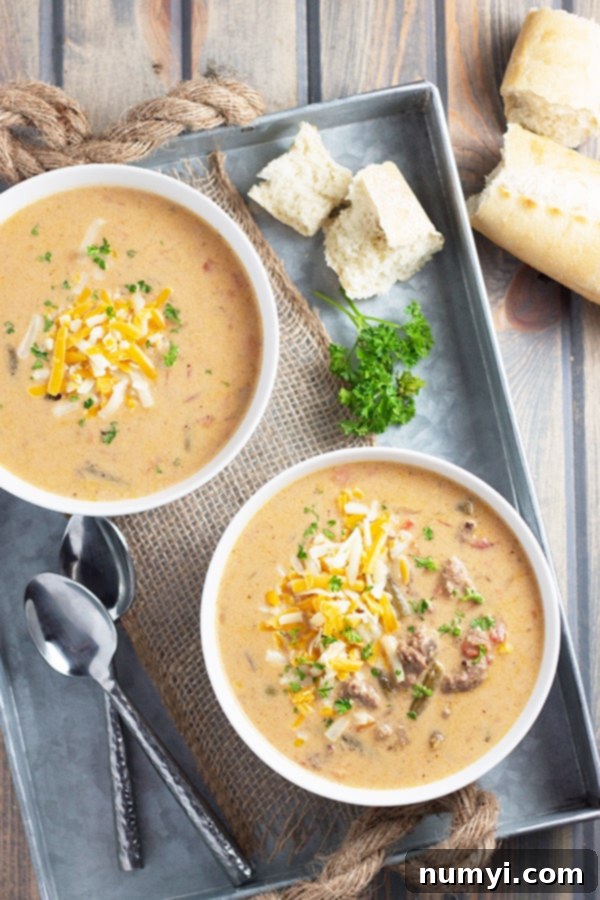 overhead view of two bowls of cheeseburger soup served on a metal platter with chunks of bread