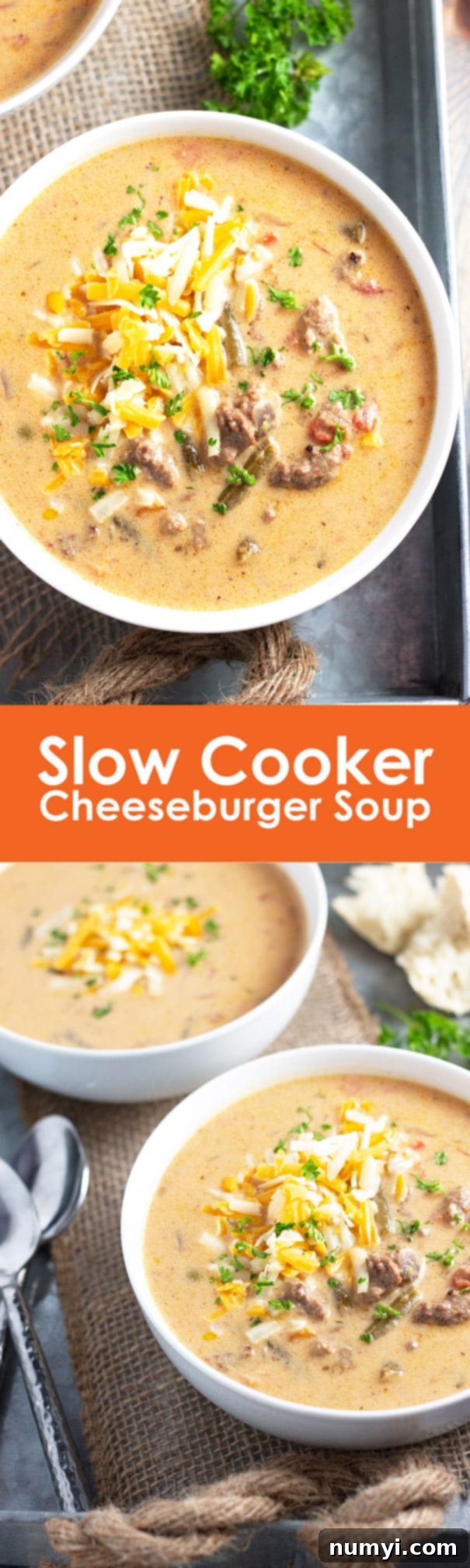 a couple bowls of hearty cheeseburger soup served with extra cheese and herbs for garnish