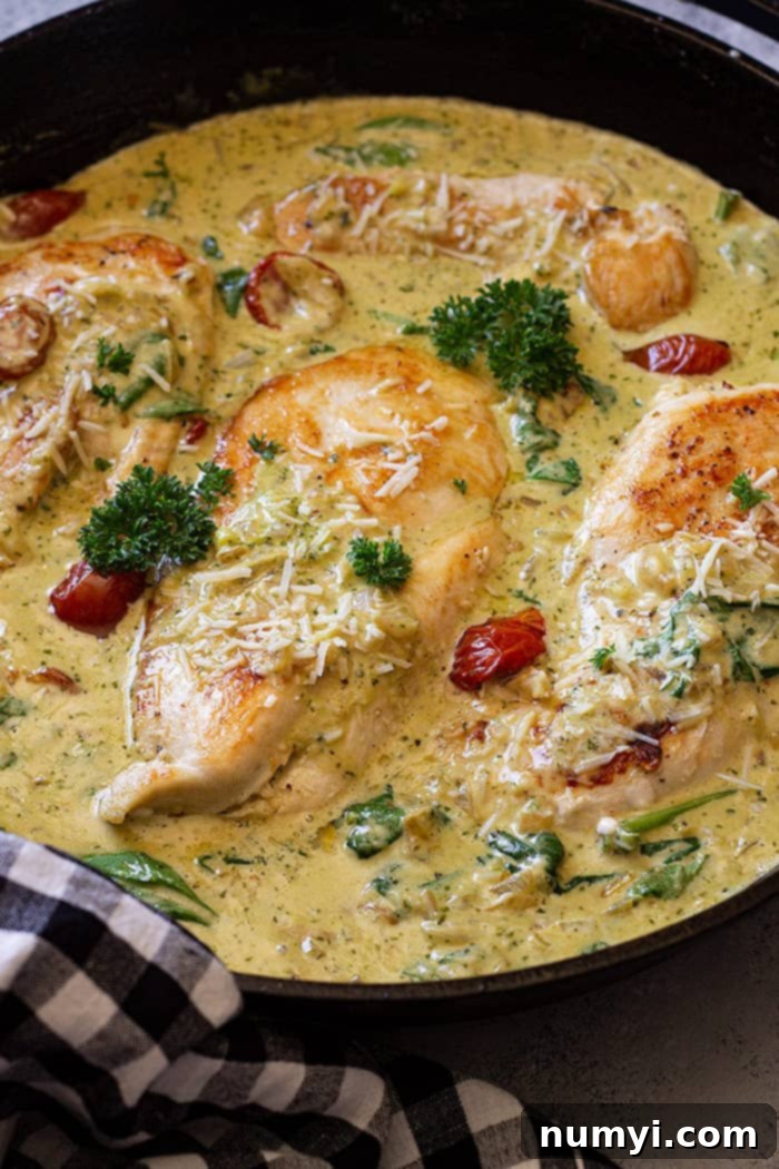 Creamy tuscan chicken in cast iron skillet ready to be served. 
