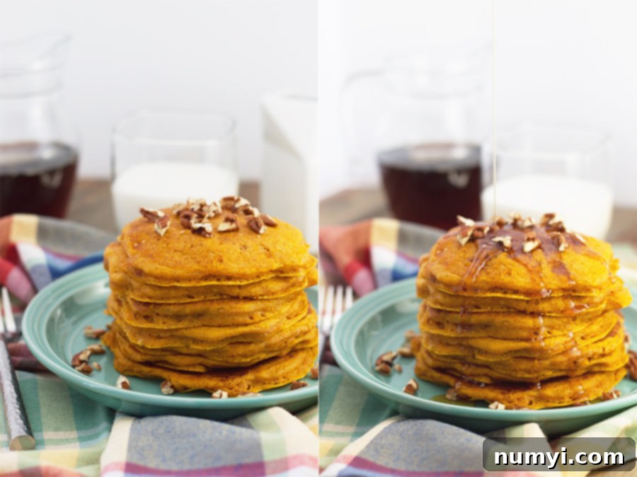 Ultimate Pumpkin Spice Pancakes 2 Two side-by-side photos of tall stacks of fluffy Pumpkin Spice Pancakes. The left stack is garnished with chopped nuts, while the right stack is being drizzled generously with maple syrup.