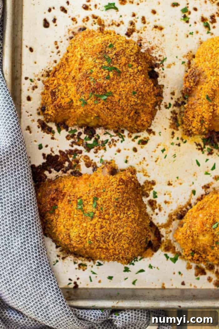 A close-up overhead view of several golden-brown crispy oven fried chicken thighs cooking on a sheet pan.