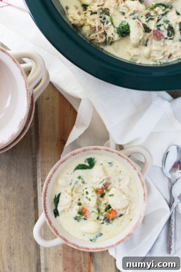 Three bowls of creamy chicken gnocchi soup, with a slow cooker in the background, ready to be served, emphasizing the inviting nature of the meal.