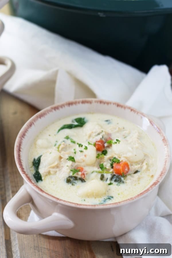 A single serving of creamy chicken gnocchi soup in a small white handled bowl, invitingly placed on a white tablecloth.