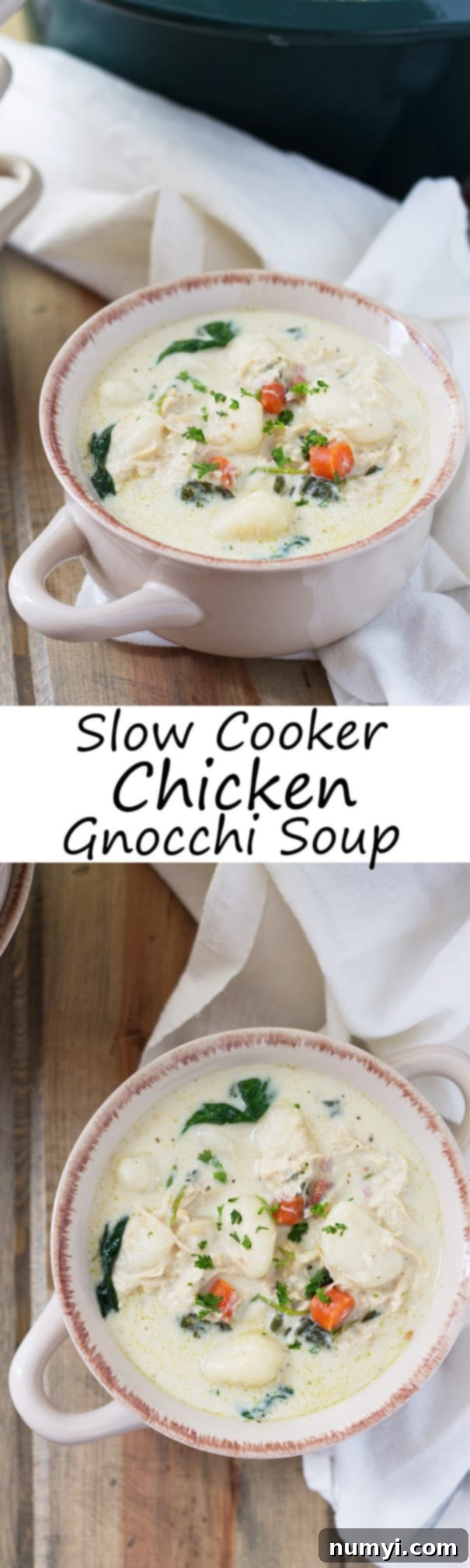 A collage of two photos featuring creamy slow cooker chicken gnocchi soup, with descriptive text bisecting the images, highlighting its appeal.