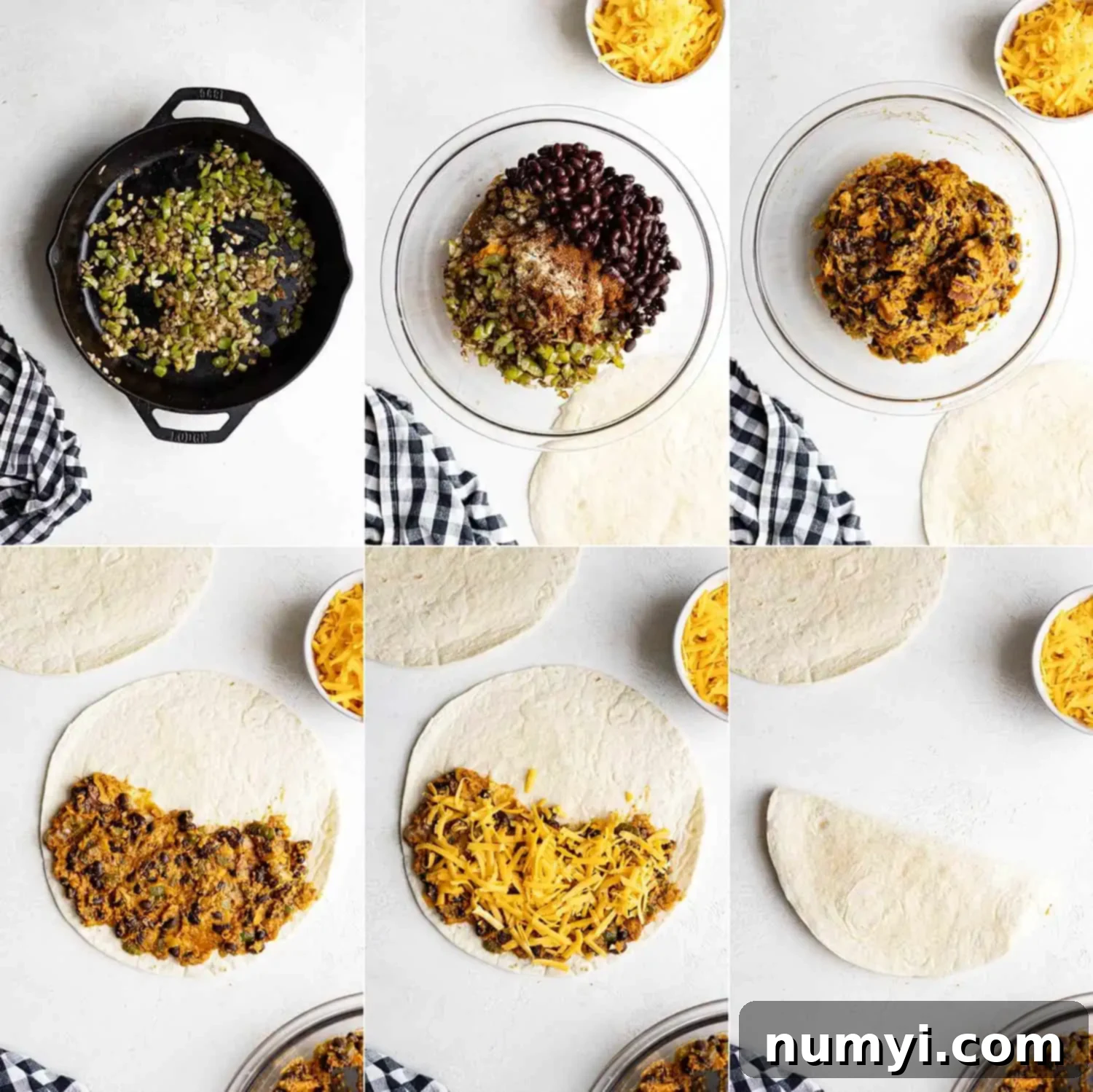 A step-by-step collage showing the process of making the quesadillas, from cooking vegetables to assembling the filling and folding the tortillas.