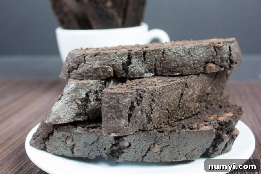 Stacked dark chocolate biscotti on a pristine white plate, showcasing their inviting texture and rich color.