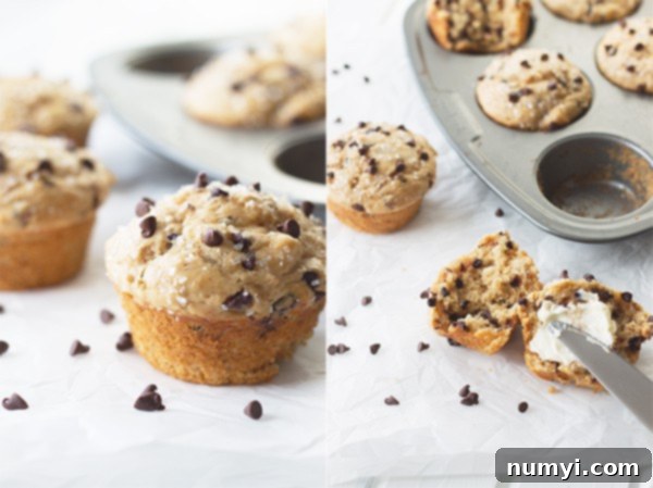 Peanut Butter Chocolate Chip Bliss Muffins 3 Two enticing photos of freshly baked peanut butter chocolate chip muffins, side by side. The left image showcases whole muffins in their golden glory, while the right displays whole muffins with one cut in half and generously buttered in the foreground, highlighting their moist interior.