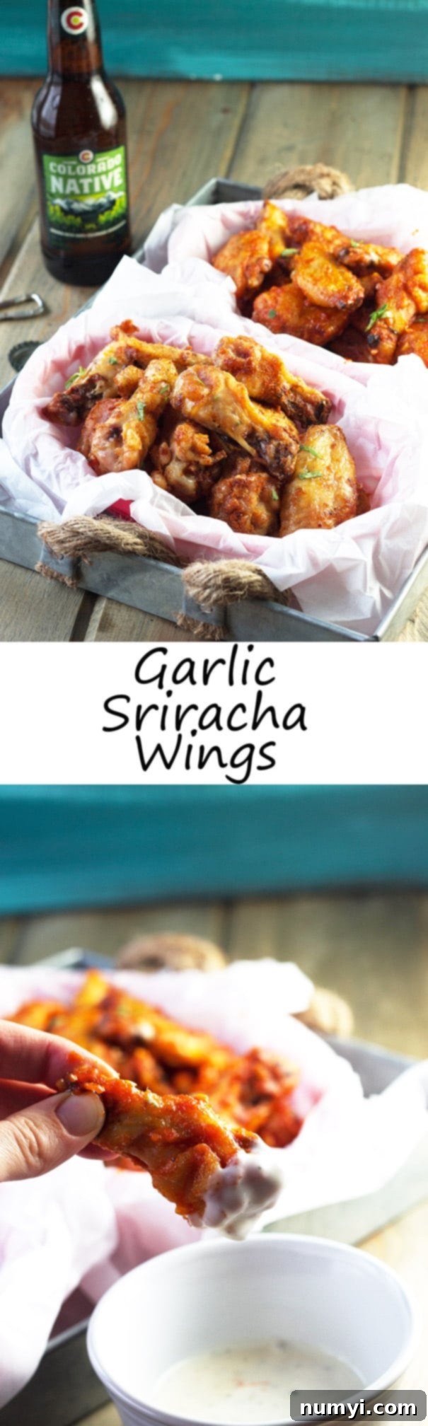 Two baskets of crispy sriracha chicken wings, one dry rub and one saucy, with a creamy ranch dip, presented with an inviting text overlay, perfect for a gathering.