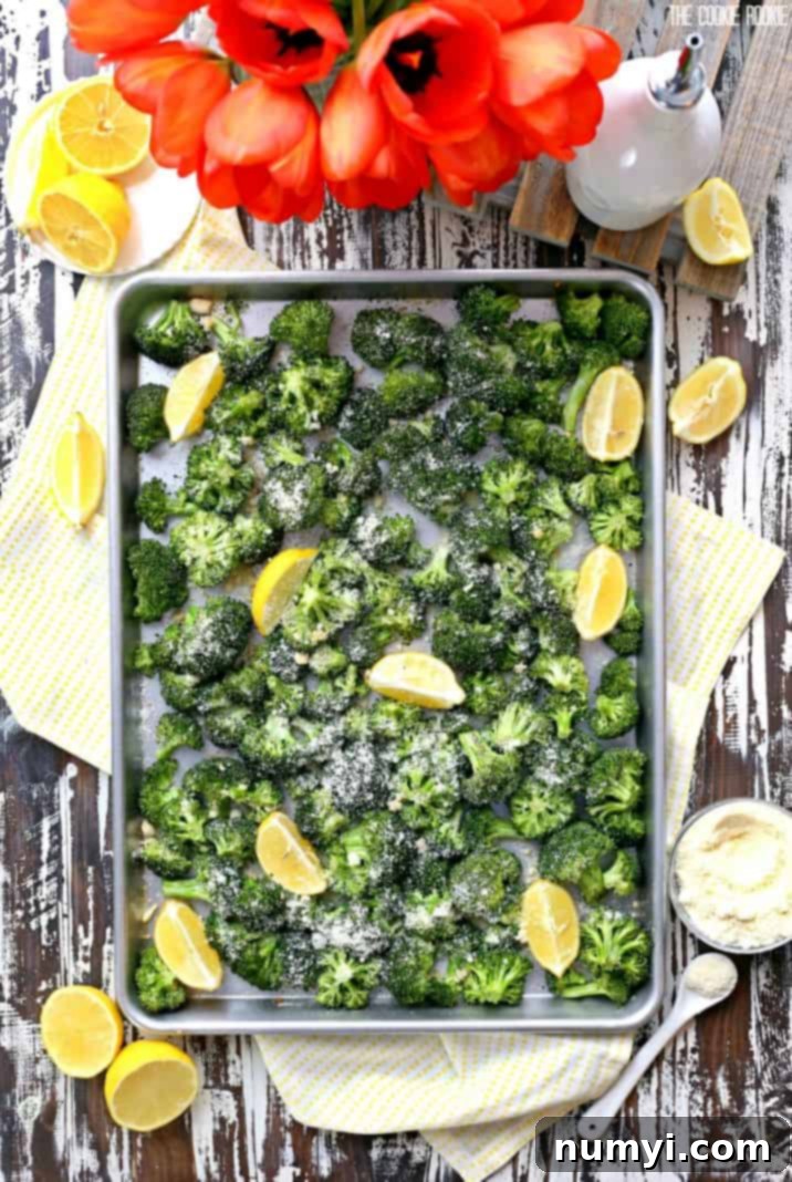 Delicious Roasted Lemon Parmesan Broccoli, a simple yet flavorful and healthy green side dish perfect for balancing out rich Thanksgiving meals.