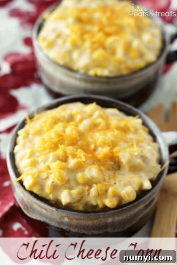 Festive Chili Cheese Corn, a creamy and slightly spicy corn dish topped with melted cheese, offering a unique and flavorful addition to your Thanksgiving meal.