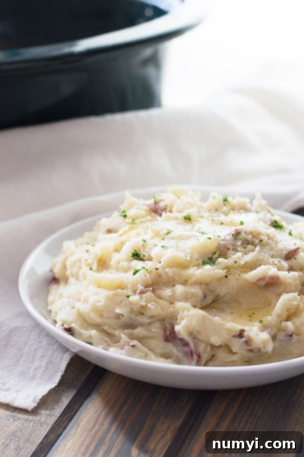 Creamy Slow Cooker Mashed Potatoes, an easier way to enjoy delicious, garlicky mashed potatoes, ideal for a stress-free Thanksgiving meal.