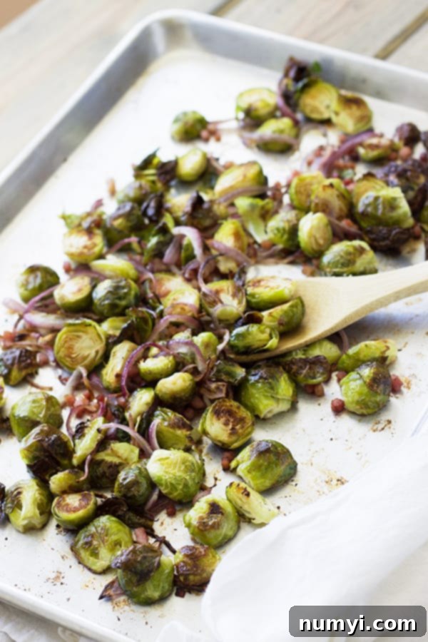 Oven-Roasted Brussels Sprouts with Ham & Caramelized Onions 4 A close-up view of a full sheet pan brimming with glistening, golden-brown roasted Brussels sprouts, crispy ham, and tender, sweet red onions, fresh out of the oven.