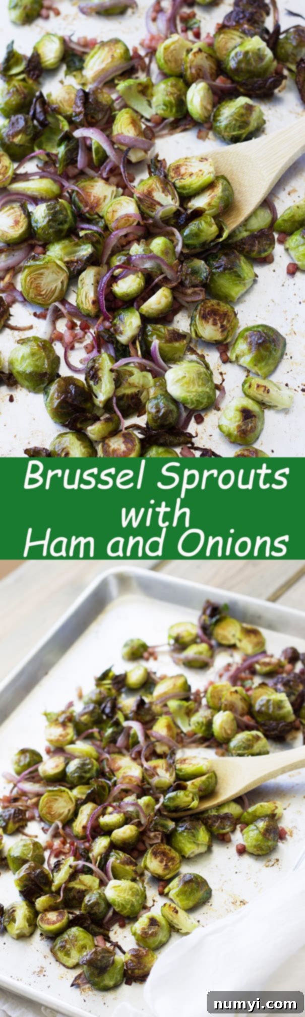 Oven-Roasted Brussels Sprouts with Ham & Caramelized Onions 6 Two vibrant photos of roasted Brussels sprouts, ham, and onions on a sheet pan, split by a decorative text overlay, highlighting the dish's appeal.