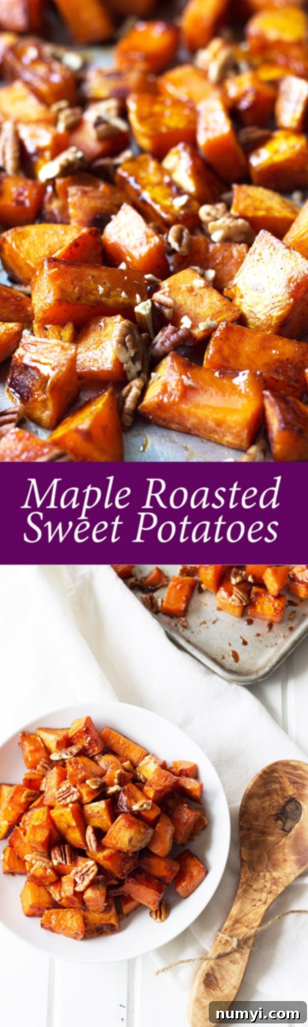 Caramelized Maple Sweet Potatoes 8 Maple Roasted Sweet Potatoes - these are lightly sweetened with maple syrup, spiced with cinnamon and have an optional crunch from pecans, YUM! | countrysidecravings.com