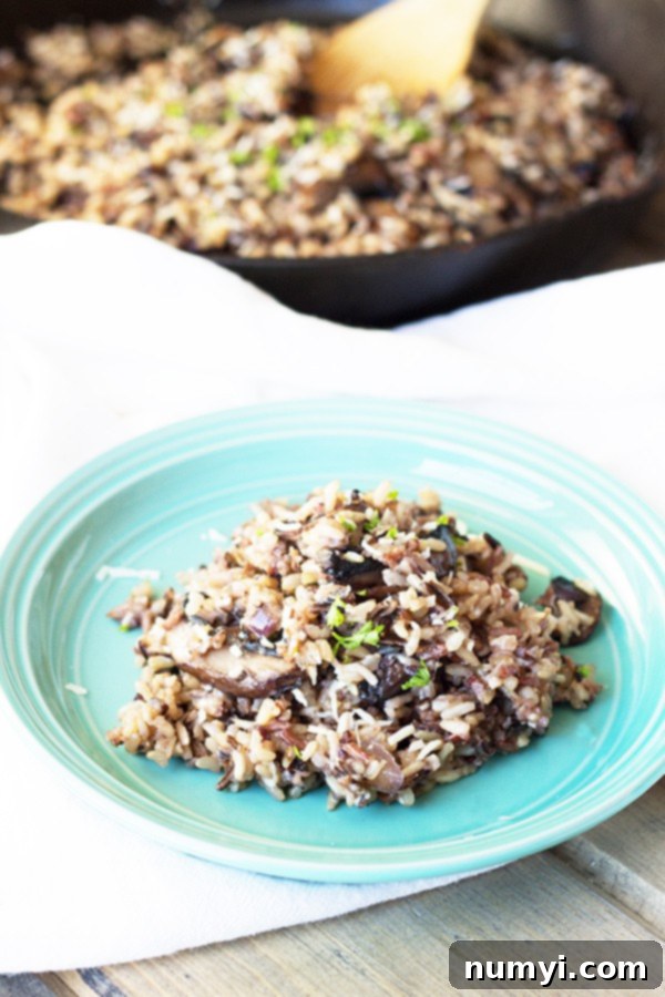 A vibrant close-up of Cheesy Wild Rice with Mushrooms, highlighting the rich colors and textures of wild rice, sautéed mushrooms, and melted Parmesan.