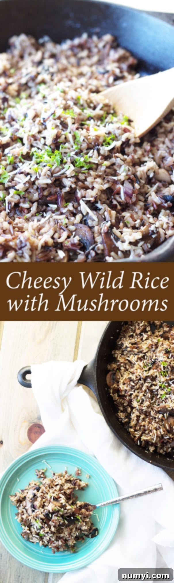 Creamy Cheesy Wild Rice with Earthy Mushrooms 7 Cheesy Wild Rice with Mushrooms - a delightful fall side dish with rich Parmesan, wild rice, and sautéed mushrooms, perfect for any occasion.