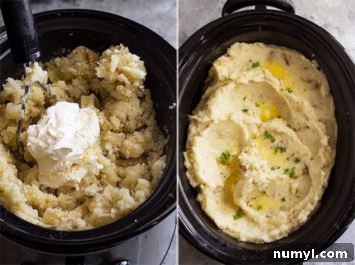 Pictures of adding sour cream to the potatoes and the finished product. 