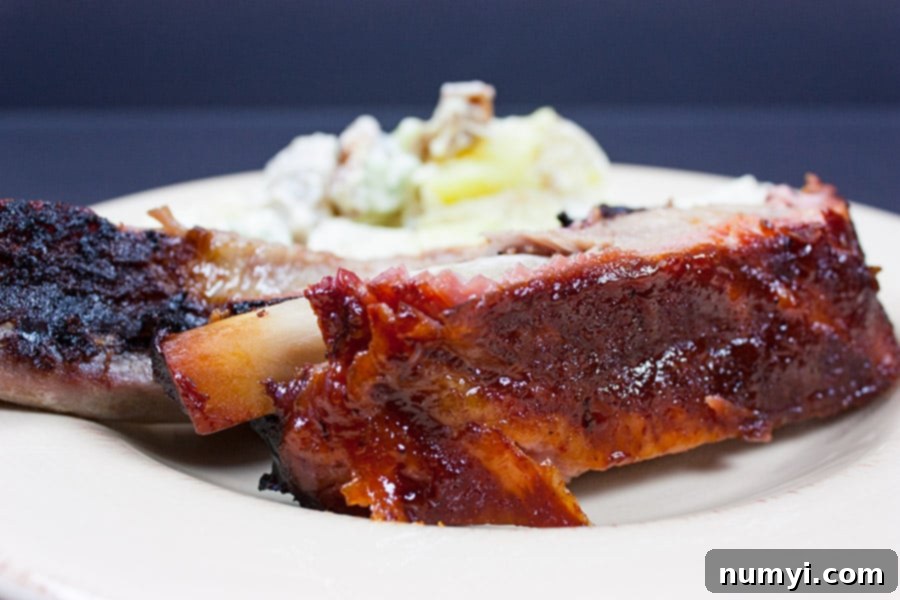 Closeup of the St Louis Style Ribs on a plate with potato salad.