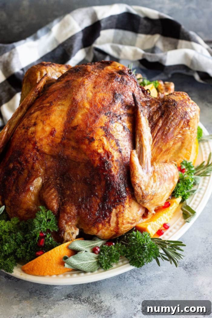 A beautifully roasted Beer and Butter Turkey on a platter, garnished with fresh rosemary, thyme, sliced oranges, and vibrant pomegranate seeds, ready for a festive table.
