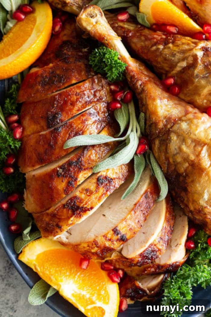 Close-up of perfectly sliced beer and butter turkey breast on a serving platter, showing its juicy texture and golden-brown skin.