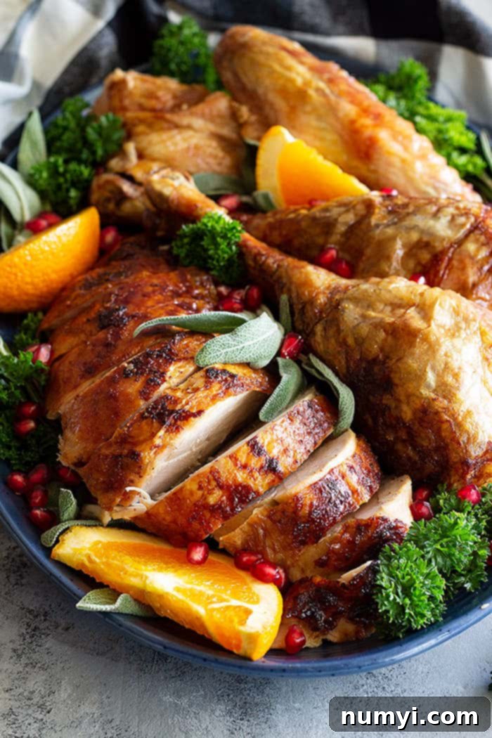 A plate featuring beautifully sliced beer and butter turkey breast, accompanied by a succulent turkey leg, and garnished with fresh greens for an elegant presentation.