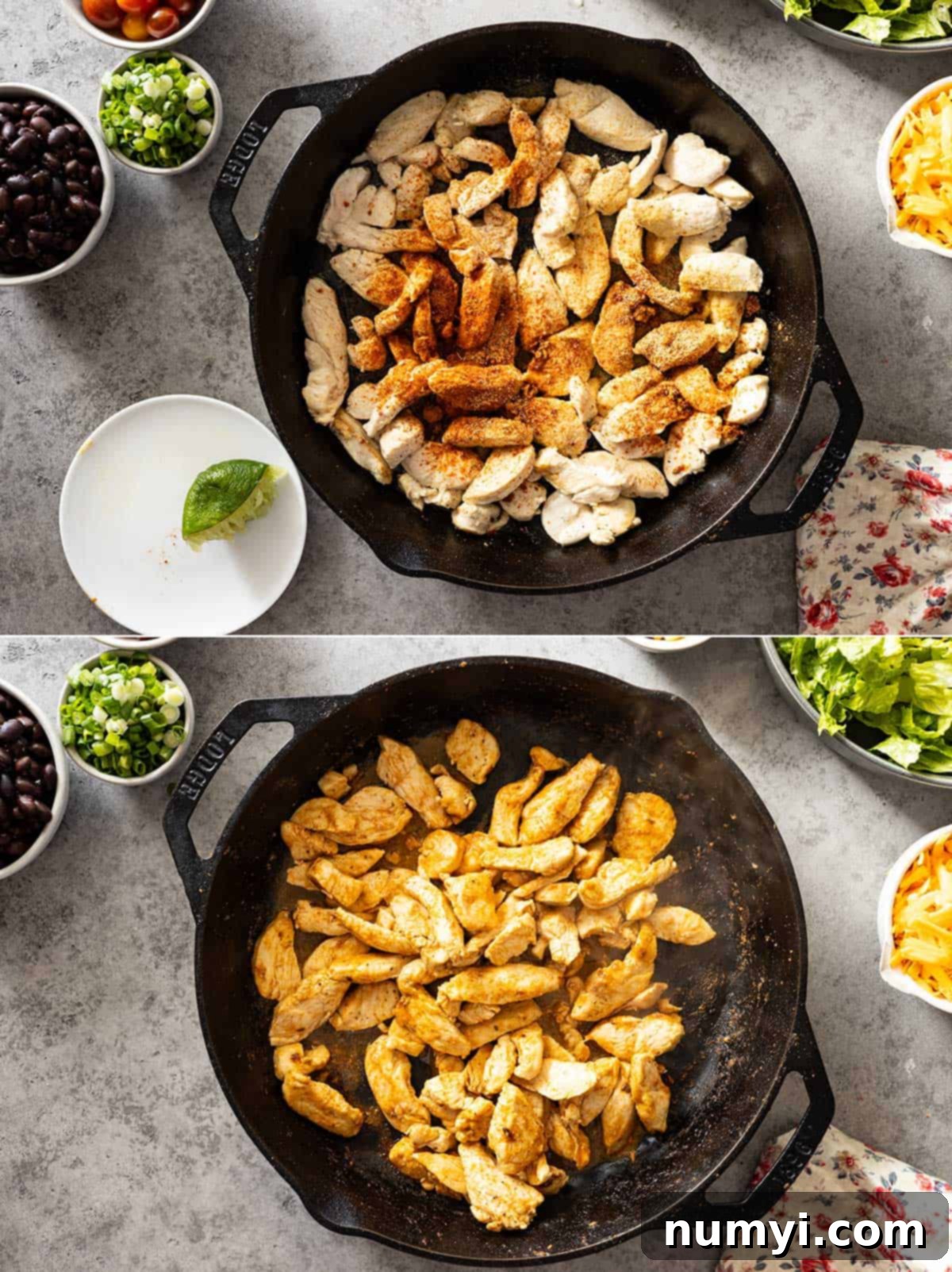 Fiesta Chicken Bowls 4 Two side-by-side images demonstrating the process of cooking the chicken for the taco bowls, from raw strips in a skillet to perfectly cooked and seasoned pieces.
