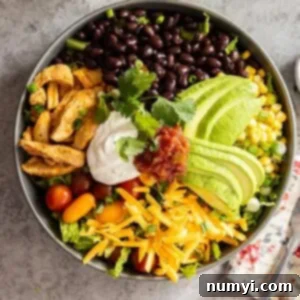 Fiesta Chicken Bowls 7 Overhead view of taco bowl with fork and napkin off to the side.