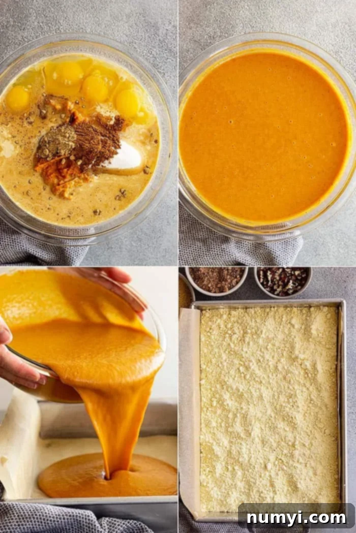 Simple Pumpkin Perfection 4 A four-panel photo collage illustrating the step-by-step process of preparing the easy pumpkin pie dump cake, from mixing the base to adding the final topping.