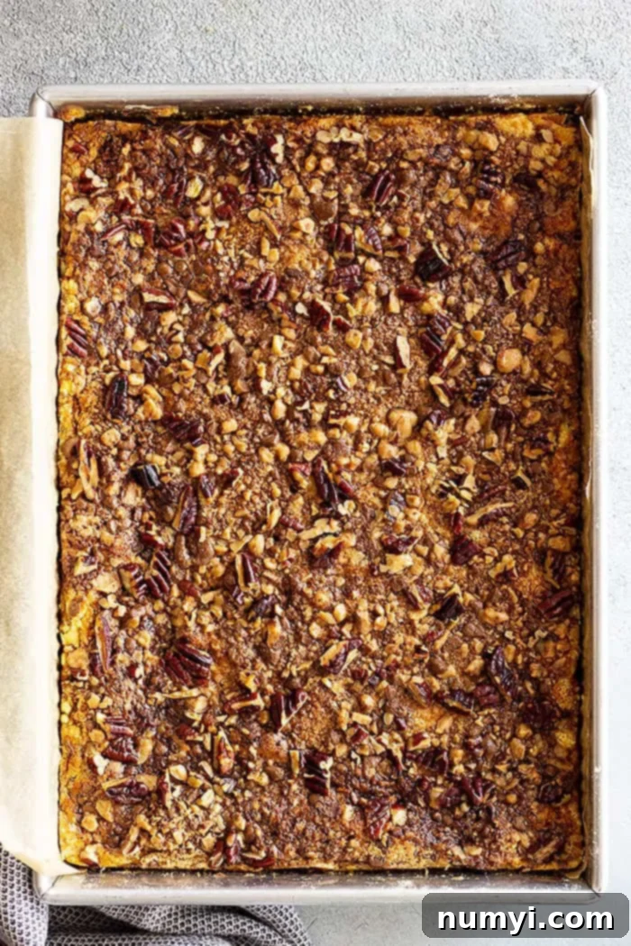 Simple Pumpkin Perfection 6 Overhead view of the baked pumpkin dessert with cake mix, showing off its inviting, yummy crunchy topping and rich pumpkin base.